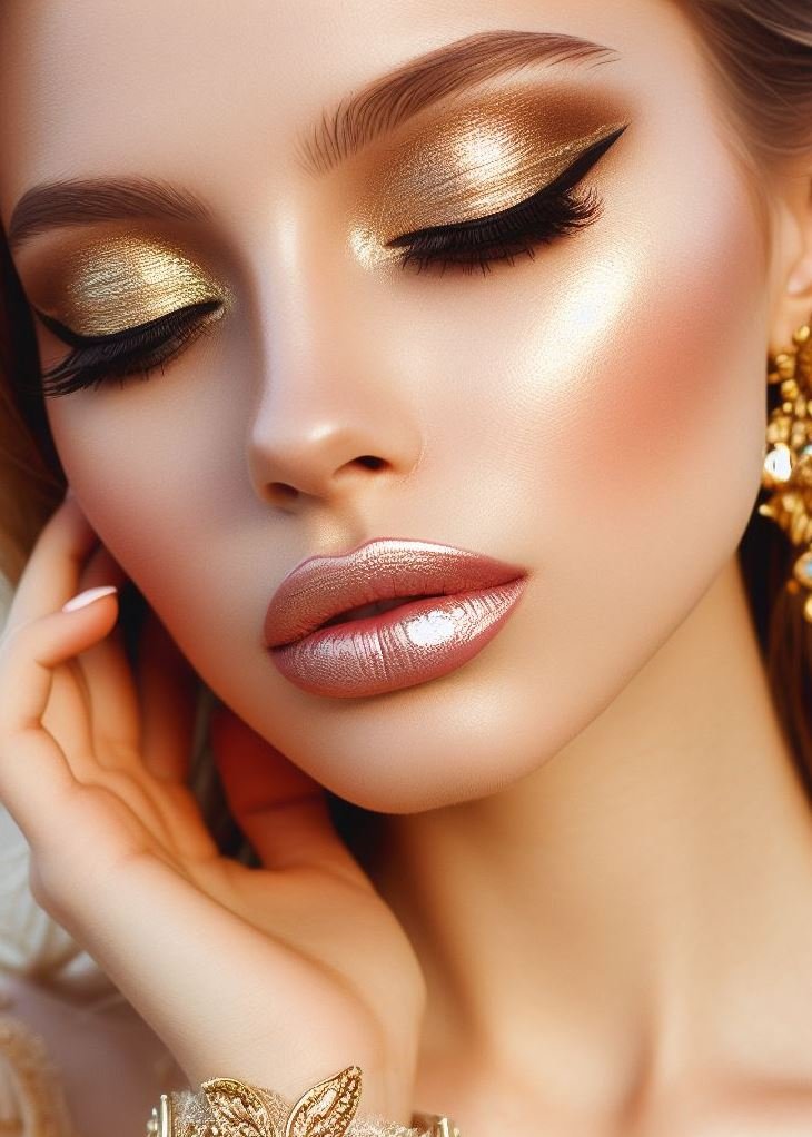 Sun-Kissed & Sculpted: Golden Eyeshadow with Bronzer Magic: Create a sun-kissed and sculpted look with a golden eyeshadow base. Use bronzer to define your cheekbones and jawline, and add a touch of gold highlighter on your brow bone and cupid's bow for a radiant and dimensional look.