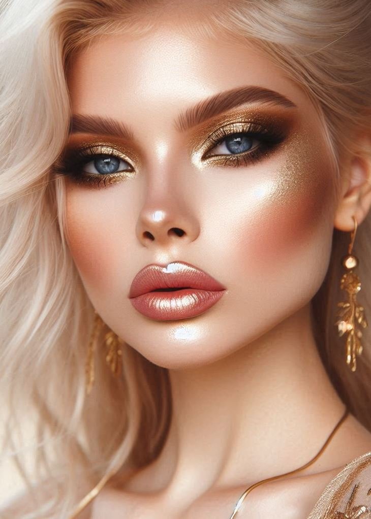 Graphic Drama: Golden Eyeshadow with a Bold Statement: Gold can be bold too! Experiment with graphic eyeliner designs in gold or create a dramatic smoky eye with a rich gold base. This creates a statement look that's both luxurious and edgy.