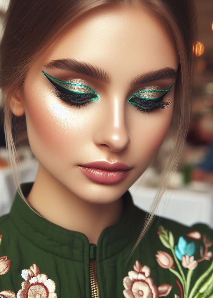 Graphic Green: Take your eyeliner game to the next level with a graphic green design. Experiment with bold lines, geometric shapes, or a double wing for a unique and eye-catching look.