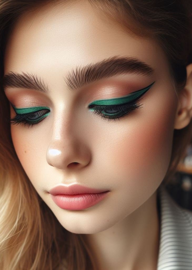 Green with Envy (But Not Really): Make your eyes the center of attention with a vibrant green eyeliner paired with neutral eyeshadow tones. This creates a dramatic look that's sure to turn heads.