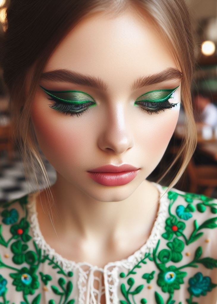 Embrace opulence with a combination of green eyeliner and gold eyeshadow. This luxurious look is perfect for a special occasion and adds a touch of regal charm.