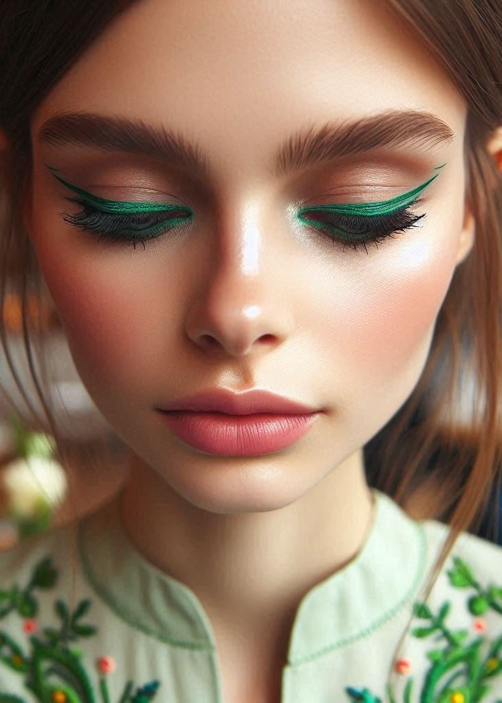 Watercolor Wash: Embrace a softer approach with a watercolor-inspired green eyeliner look. Use a damp brush to blend different shades of green for a dreamy and artistic effect.