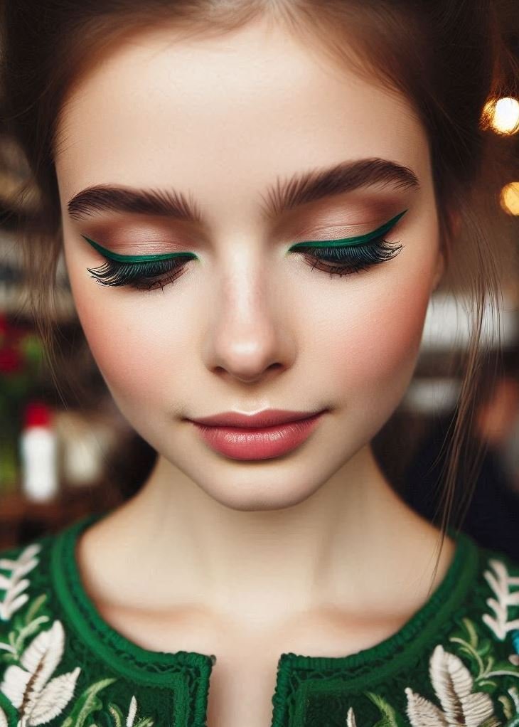 Graphic Cat-Eye: Take the classic cat-eye to a new level with a bold green eyeliner. This dramatic flick adds instant definition and creates a glamorous look.