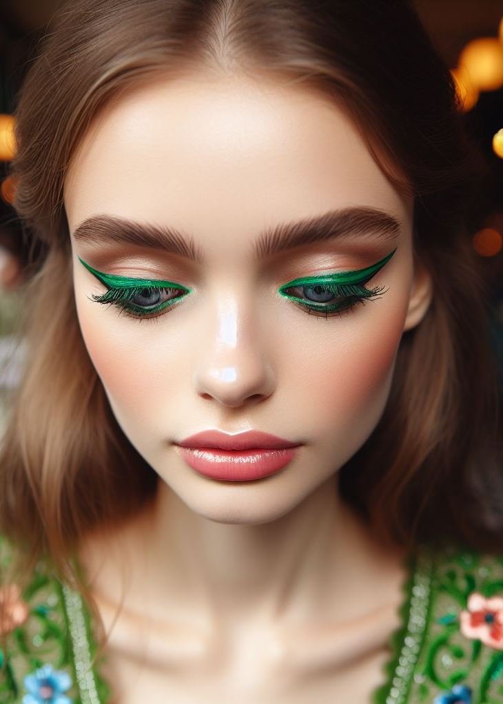 Watercolor Dream: Embrace a whimsical and artistic look with a wash of green eyeliner. Use a soft brush and blend different shades of green to create a watercolor effect on your eyelids.