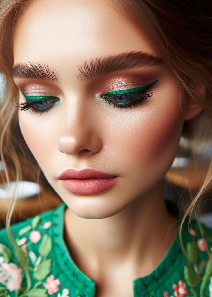 Channel the vibrant energy of the rainforest with a combination of green and emerald eyeliner. Create a graphic design with sharp lines and geometric shapes for a bold and eye-catching look.