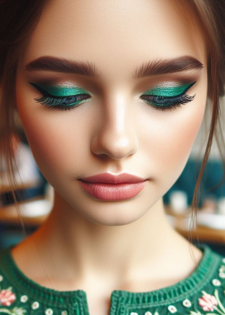 Negative Space Nirvana: Create a bold and modern look with negative space green eyeliner. This technique involves drawing shapes around your eyes instead of filling them in with color for a unique and eye-catching effect.