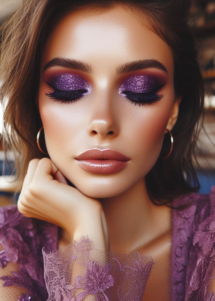 Sunset Shimmer: Capture the beauty of a sunset with a blend of warm brown eyeshadow in the crease and a shimmery, reddish-purple on the lid. This stunning look flatters all eye colors and adds a touch of warmth.