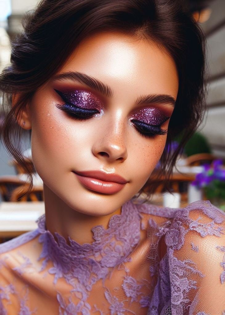 Cat-Eye Captivation: Channel your inner feline with a classic cat-eye eyeliner flick using a deep brown shade. Pair it with a shimmery purple eyeshadow for a glamorous and captivating look.