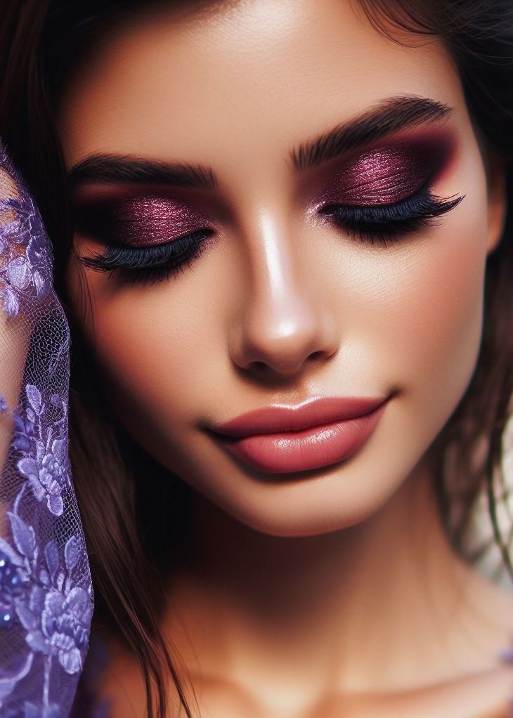 Foiled Fantasy: Elevate your purple and brown eyeshadow look with a touch of luxury! Use a foiled purple shadow on the lid, paired with a rich brown base and a shimmery highlight on the brow bone.