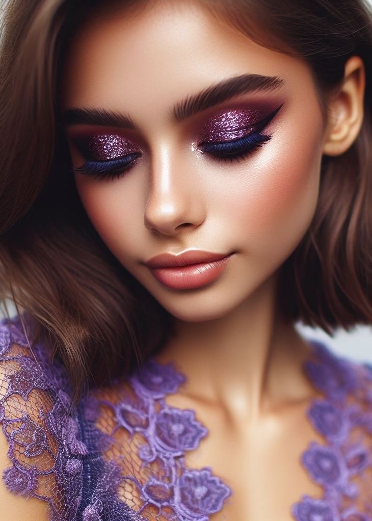 Glitter Glam: Embrace a touch of sparkle with a brown base eyeshadow and a glittery purple lid shade. This playful combination adds a touch of fun and festivity to your makeup look.