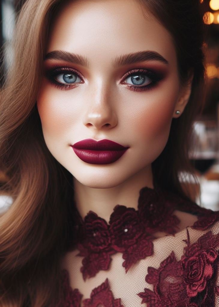 Wine & Smoke: A Timeless Duo for Alluring Eyes: Wine lip color paired with a classic smoky eye is a timeless and alluring combination. This creates a touch of drama and mystery that's perfect for any occasion.