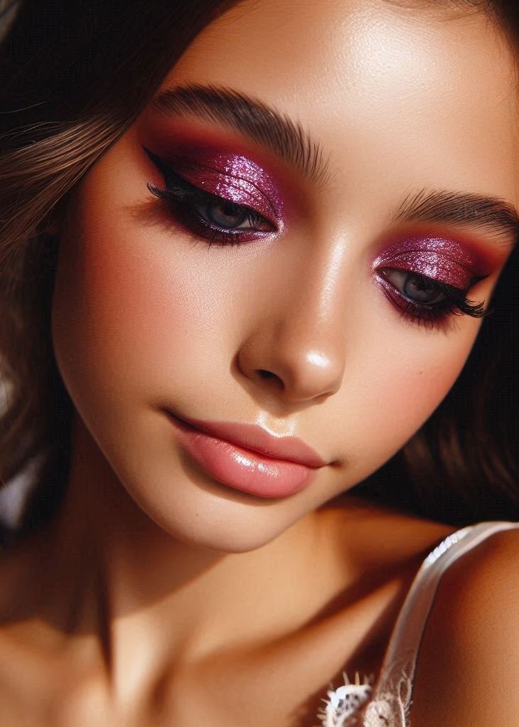 Smoky Sunset: Capture the beauty of a fiery sunset with a blend of warm brown eyeshadow in the crease and a vibrant fuchsia shade on the lid. Finish the look with a touch of shimmer for an extra touch of glam.