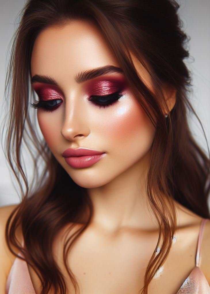 Romantic Rendezvous: Embrace a touch of sweetness with a soft brown base and a blend of fuchsia and pink eyeshadows on the lid. This playful and flirty eye look is ideal for date nights.