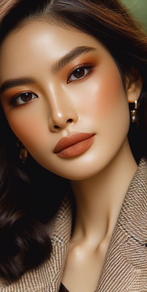 Sun-Kissed Beauty: Enhance a bronzed complexion with a peachy nude lipstick that flatters warm undertones. Add a touch of bronzer to your cheekbones and finish with flirty lashes for a summery look that's perfect for warmer days.